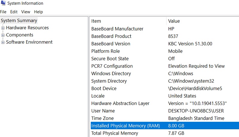 RAM size on a Computer